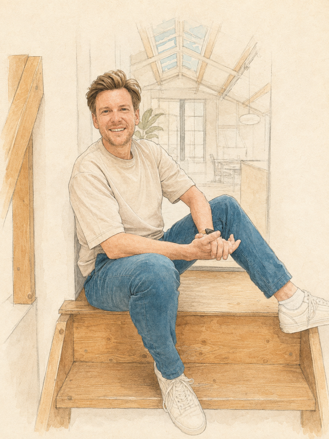 Aquarelachtig portret van Bas, zittend op houten treden in een lichte atelierruimte